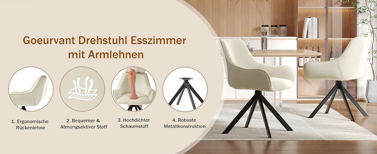 Обідні стільці поворотні, комплект 6 шт. з підлокітниками, 360° - м'які стільці з тканини льон, сучасний дизайн, металевий каркас, для кухні, вітальні, офісу, бежевий