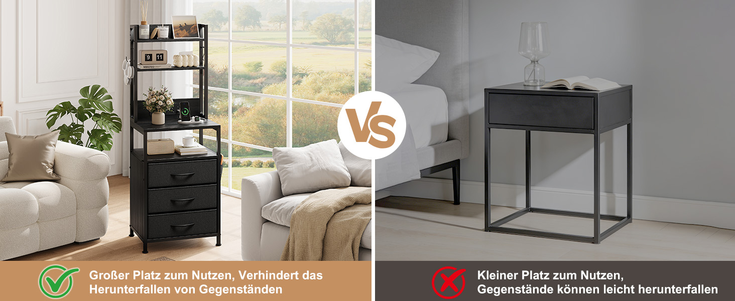 Нічний столик з підзарядкою та LED, приліжний столик з 3 висувними ящиками з тканини, нічник з полицею для книг, відкрите відділення, 2 розетки AC, 1 USB та 1 Type C роз'єми, для спальні, вітальні, офісу (Чорний) 40x30x60 см Чорний 1