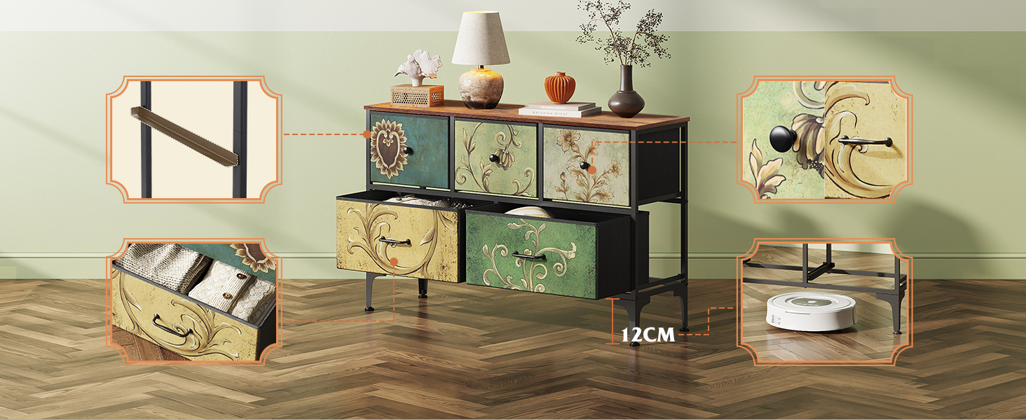 Комод WLIVE з 5 висувними ящиками з тканини, шафа для спальні, комод у вітальню, зі сталевим каркасом, богемний стиль, 29.8T x 100B x 63.7H см (5 ящиків), зелений