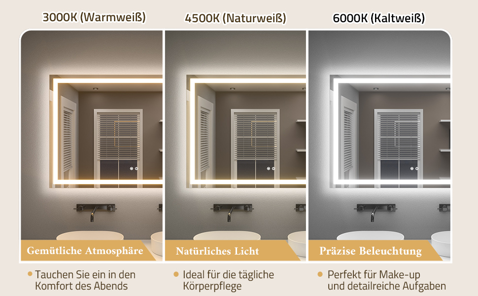 Дзеркало для ванної кімнати TETOTE з підсвічуванням 90x90 см, без рами, LED-touch, 3 кольори, регулювання яскравості, функція пам'яті