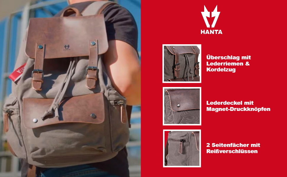 Рюкзак Hanta Nature Backpack Canvas 25L зі шкіри та брезентової тканини туристичний рюкзак для екскурсій, кемпінгу, повсякденний рюкзак для чоловіків та жінок зі шкіряними ременями та блискавкою (коричневий)