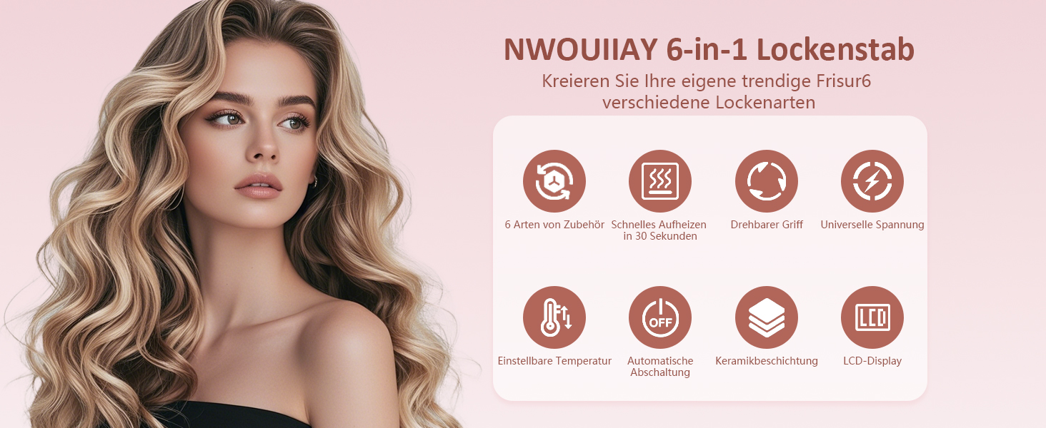 Локшик для волосся NWOUIIAY 6 в 1 з LCD-дисплеєм, керамічне покриття, мультифункціональний, змінне насадки, для великих та маленьких локонів, рукавички, регулювання температури, рожевий