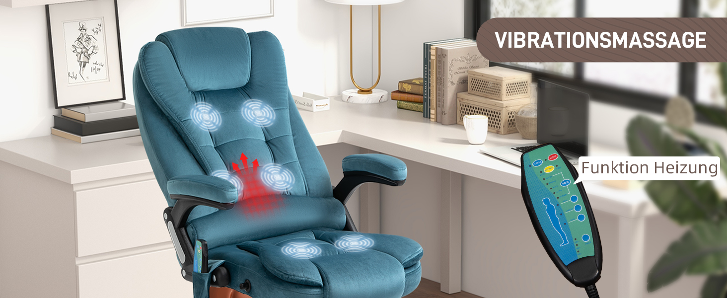 Крісло офісне Vinsetto з масажем, підігрівом, регулюванням нахилу та функцією лежання, блакитне, з кишенькою, з велюру, для офісу та дому