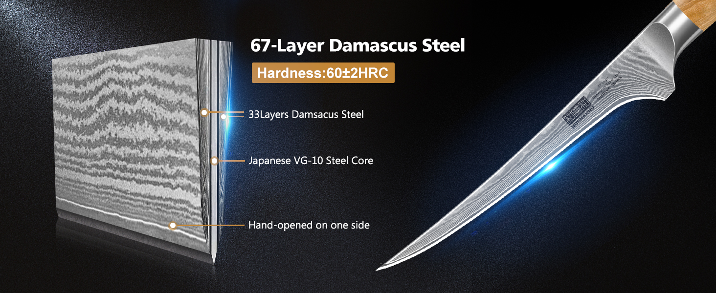 Японський ніж HOSHANHO з дамаської сталі 20 см (67 шарів), кухонний ніж для приготування їжі, гострий, з ергономічною ручкою оливкового кольору (18 см для філе)