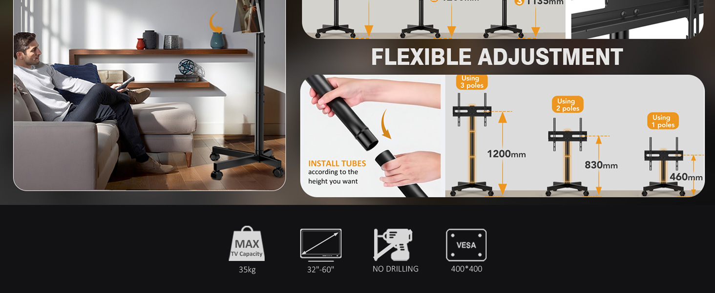 Мобільна підставка для телевізора Hemudu 23-60 дюймів LCD/LED, до 35 кг, VESA 400x400, регульована висота