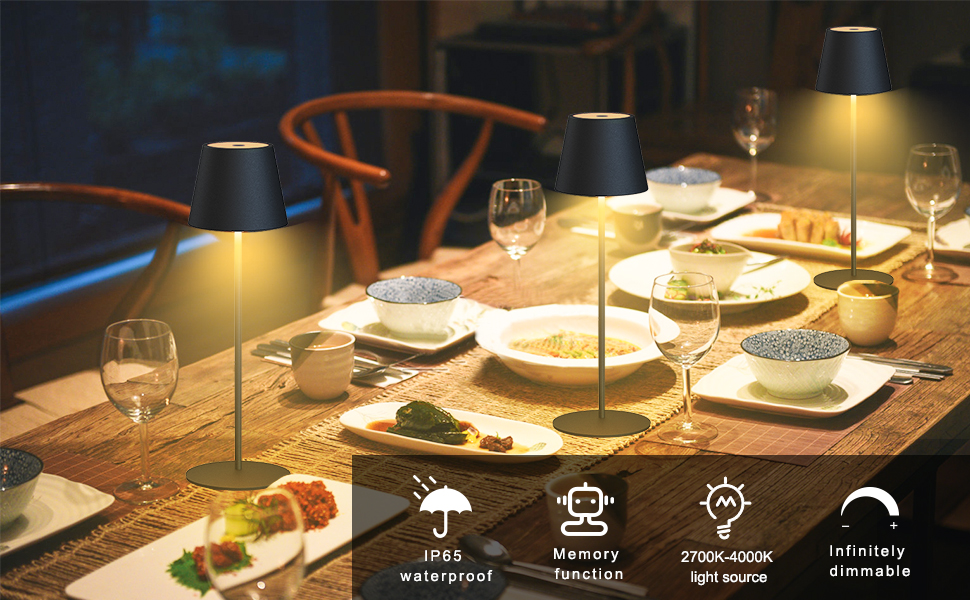 Бездротова настільна лампа MALUX з торканням, регульоване тепле біле світло 2700K-4000K, металева, LED, акумуляторна, водонепроникна IP54, для саду, їдальні, спальні, робочого кабінету, балкону, готелю (темно-сірий) (тепле чорне*2)