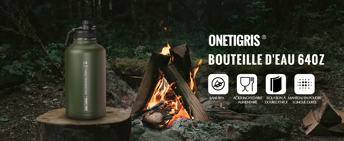 Термос-фляга OneTigris Edelstahl 1.9л (64oz) з чохлом, спортивна фляга для води, 3 кришки для велосипеда, кемпінгу, йоги, спортзалу, полювання, риболовлі - Оливково-зелений