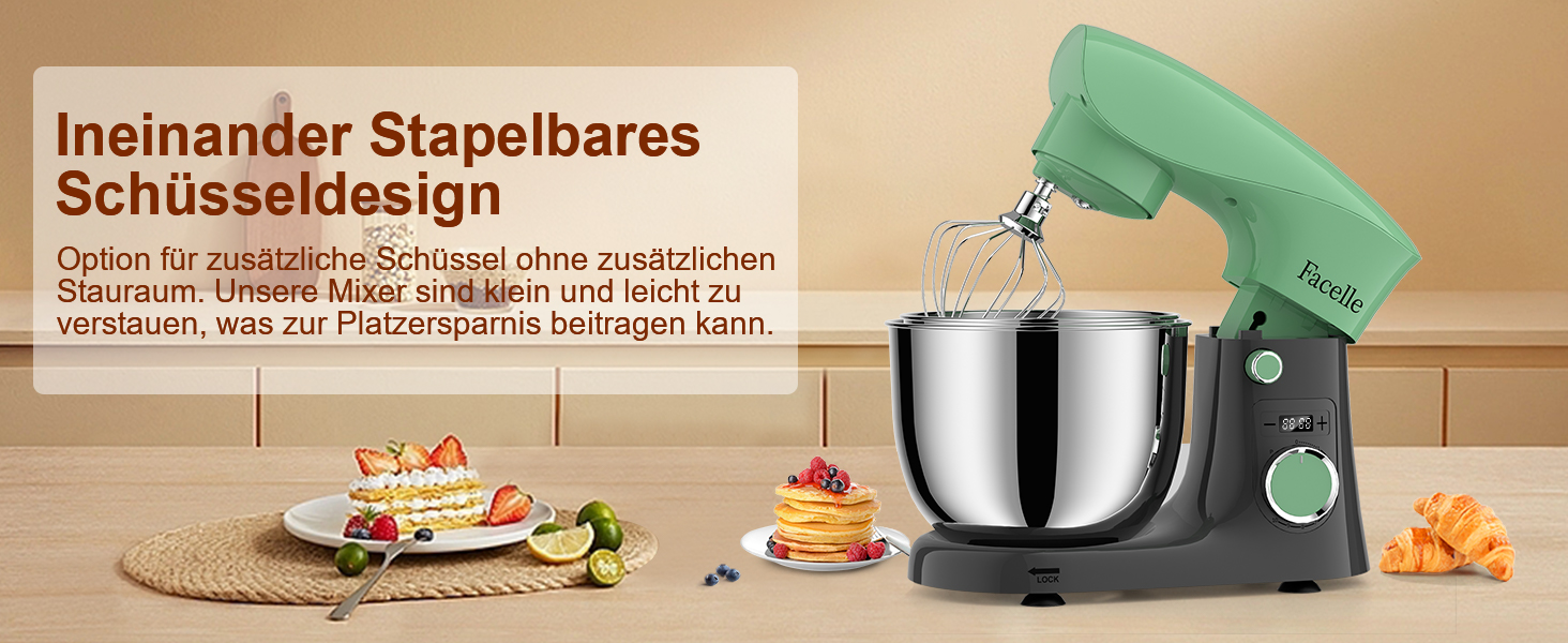 Кухонна машина-міксер Facelle 1500W з великою чашею 5.5/4.5л, 10+ програм, тиха робота, набір насадок (зелено-сірий)