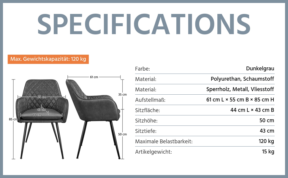 Обідні стільці Yaheetech 2-місні з підлокітниками, темно-сірий, шкіра під імітацію, до 120 кг, висота сидіння 51 см