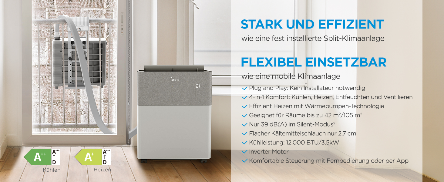 Мобільний кондиціонер Midea PortaSplit-E 12000 BTU (3.5 кВт), охолодження A++/обігрів A+, персиковий, до 42 м² - тихий режим 39 дБ