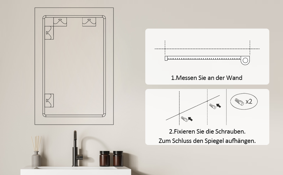 Дзеркало для ванної кімнати Badspiegel 70x50 см з підсвічуванням 3 кольори, сенсорне керування, прямокутне, LED, енергоклас A++