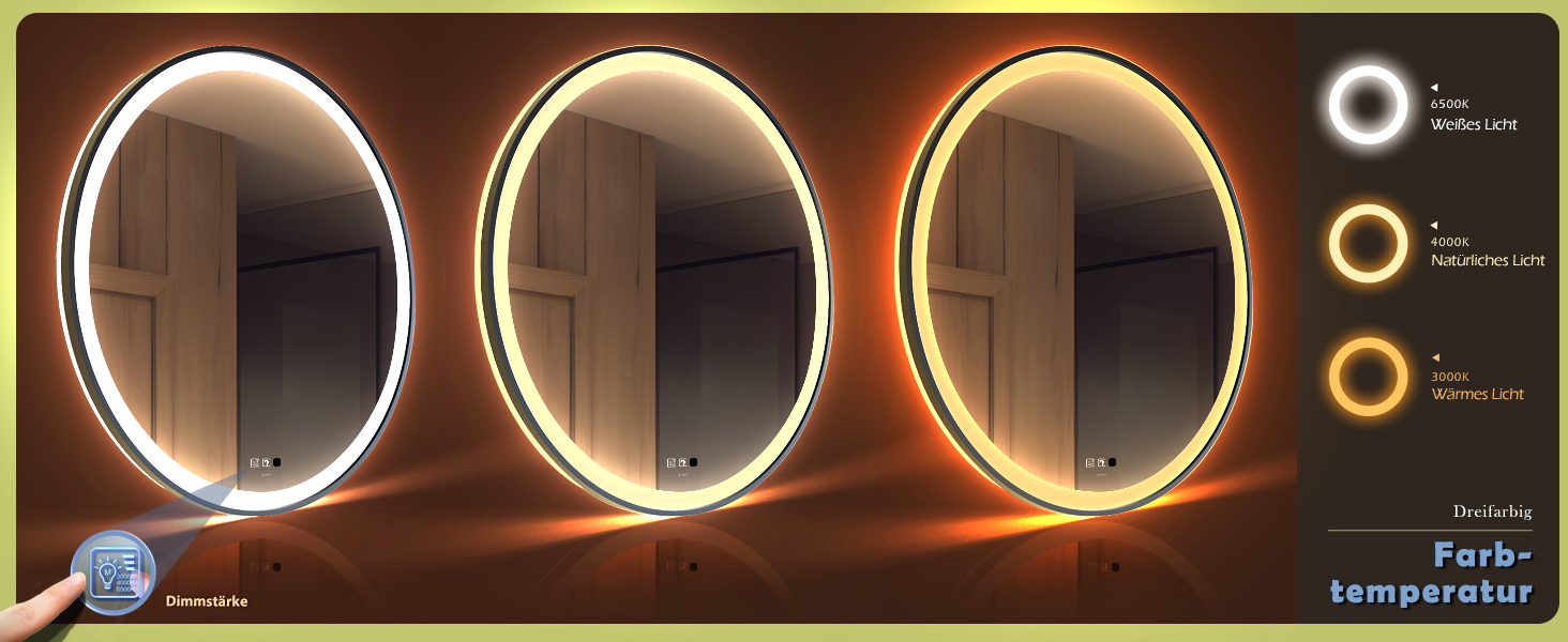 Дзеркало з LED сенсором, кругле, з індукційним датчиком руху, для макіяжу, з підсвічуванням, регульоване освітлення, антизапарник, водонепроникне (IP44), для ванної кімнати, настінне, діаметр 70 см