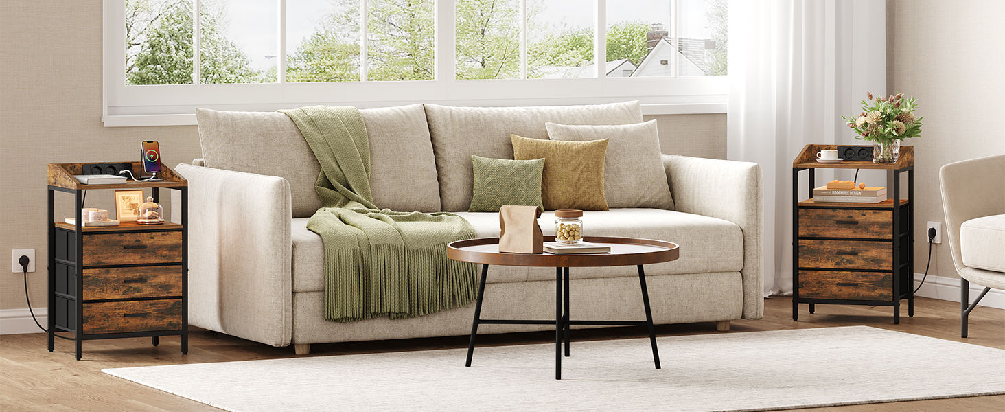 Приліжкова тумбочка Hzuaneri з LED-підсвіткою та функцією зарядки, 3 висувні ящики з тканини, USB-порти та розетки, для спальні/вітальні, чорний/коричневий, NS36301BEU, 1 шт.