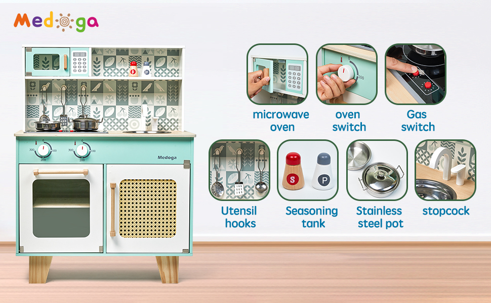 Дитяча дерев'яна кухня для гри - ігровий набір з аксесуарами, 26 предметів, іграшкова кухня для дітей 3+ років, велика зелена кухня