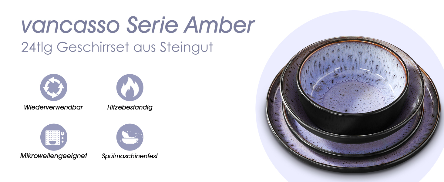 Набір посуду Steingut vancasso AMBER на 6 осіб (24 шт.): тарілки, супові тарілки, десертні тарілки, миски, реактивна глазур, колір фіолетовий, безпечний для миття в посудомийній машині