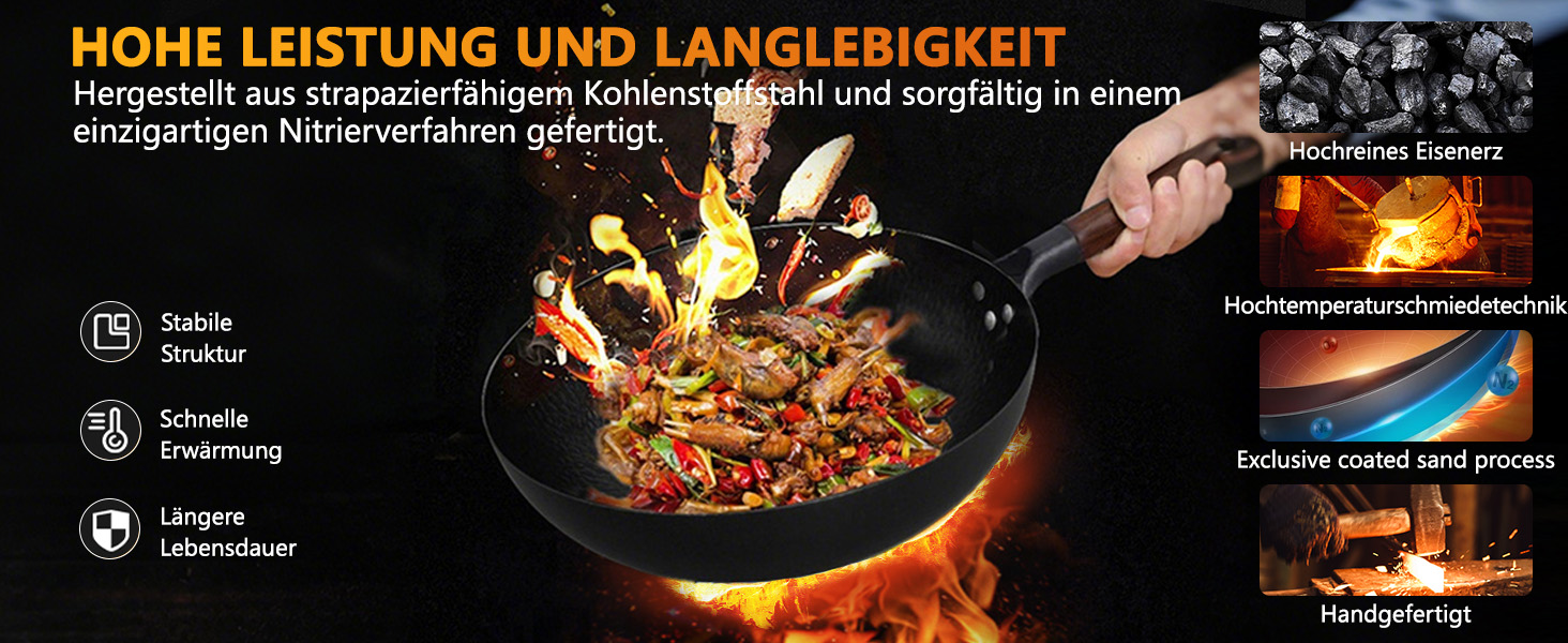 LIYGAOF Вок з кришкою 32 см з чавуну: Вок для всіх типів плит, кована чавунна сковорода, без хімічного покриття, легко миється