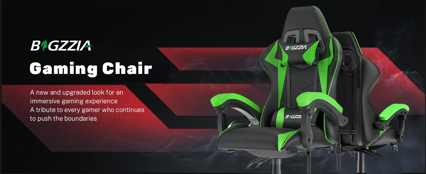 Ігровий крісло Bigzzia - ергономічне комп'ютерне крісло для геймерів з підголівником, RGB підсвічуванням, для підлітків та дорослих (чорно-зелене, без LED)