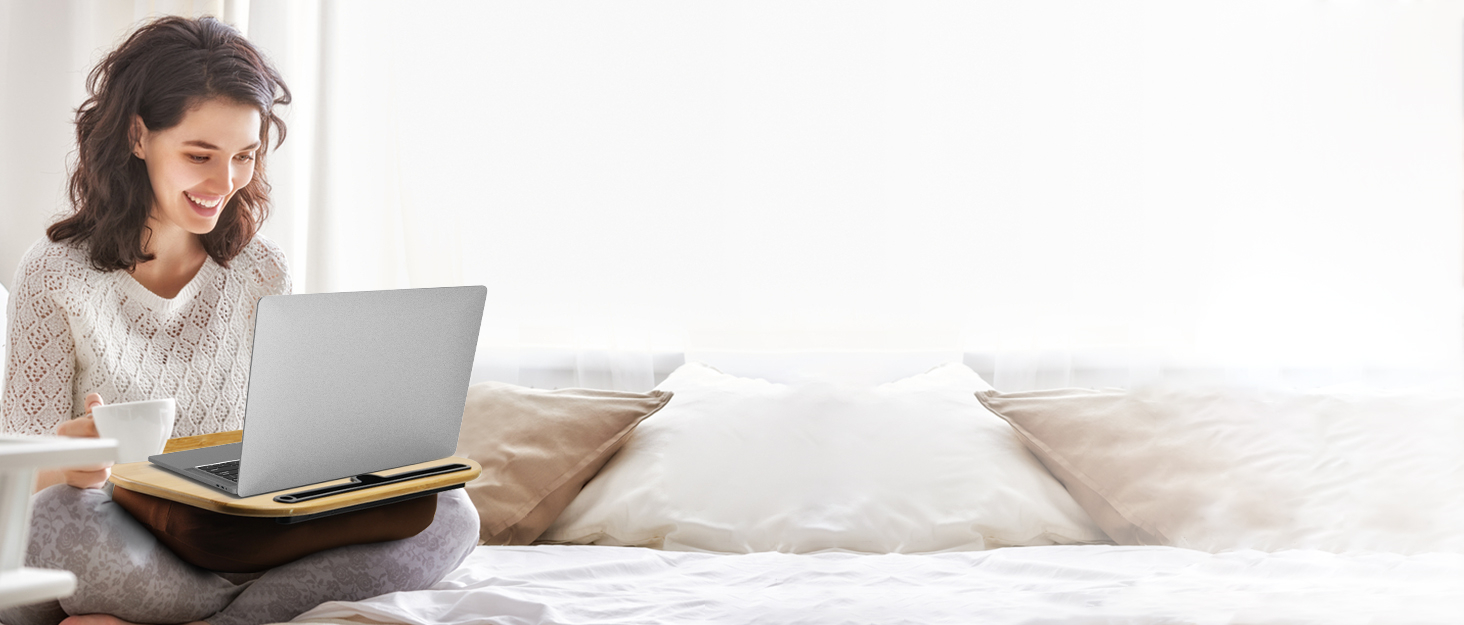 Підставка для ноутбука VLOXO з бамбука для ліжка та дивана, м'яка підкладка, ергономічне коліно, з отвором для кабелю та антиковзким покриттям, для ноутбуків/планшетів/MacBook до 14 дюймів, коричнева