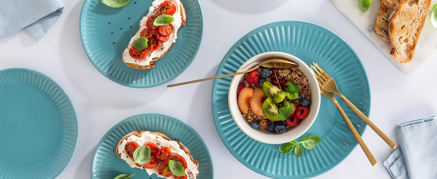 Набір посуду Steingut Hygge 24 елементи (6 осіб), Petrol - Набір посуду з каменю, Тарілки та миски, Pure Living