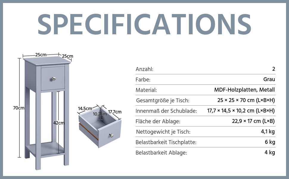 Нічний столик Yaheetech (2 шт.) з шухлядою та полицею, білий (темно-сірий)