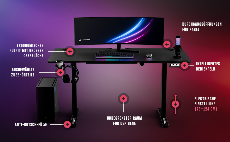 ULTRADESK Стіл для роботи та ігор, регулювання висоти, електричний, 140x68 см, чорний