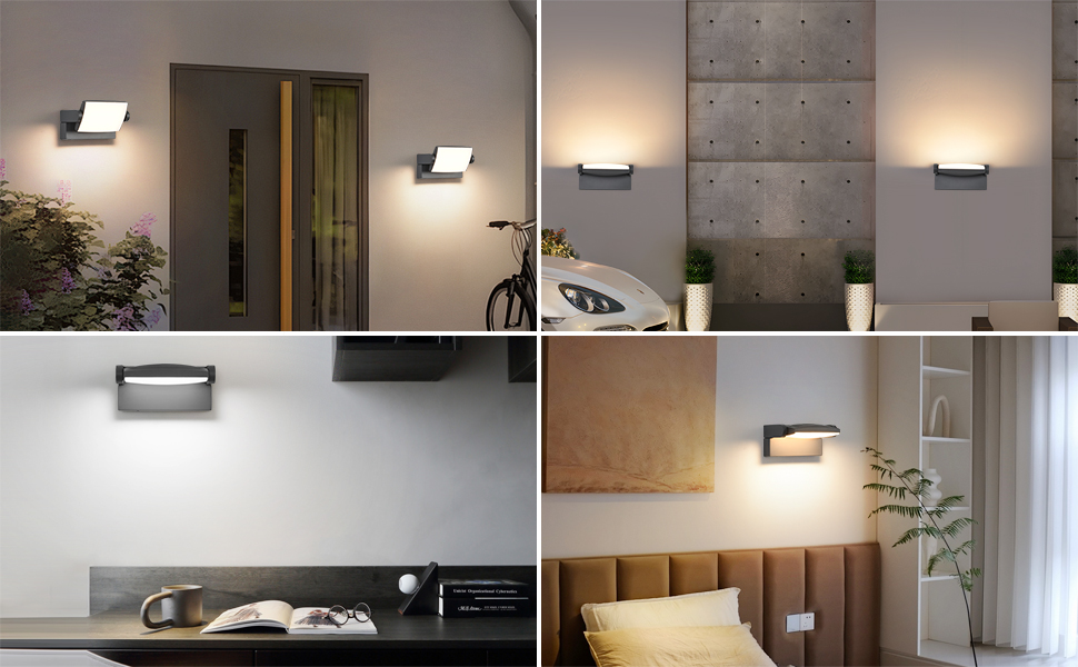 Стіна LED-світильник SANSHI зовнішній водонепроникний IP65, поворотна панель 350°, 12W, 3 режими кольору (3000K/4000K/6500K) для саду та тераси, темно-сірий