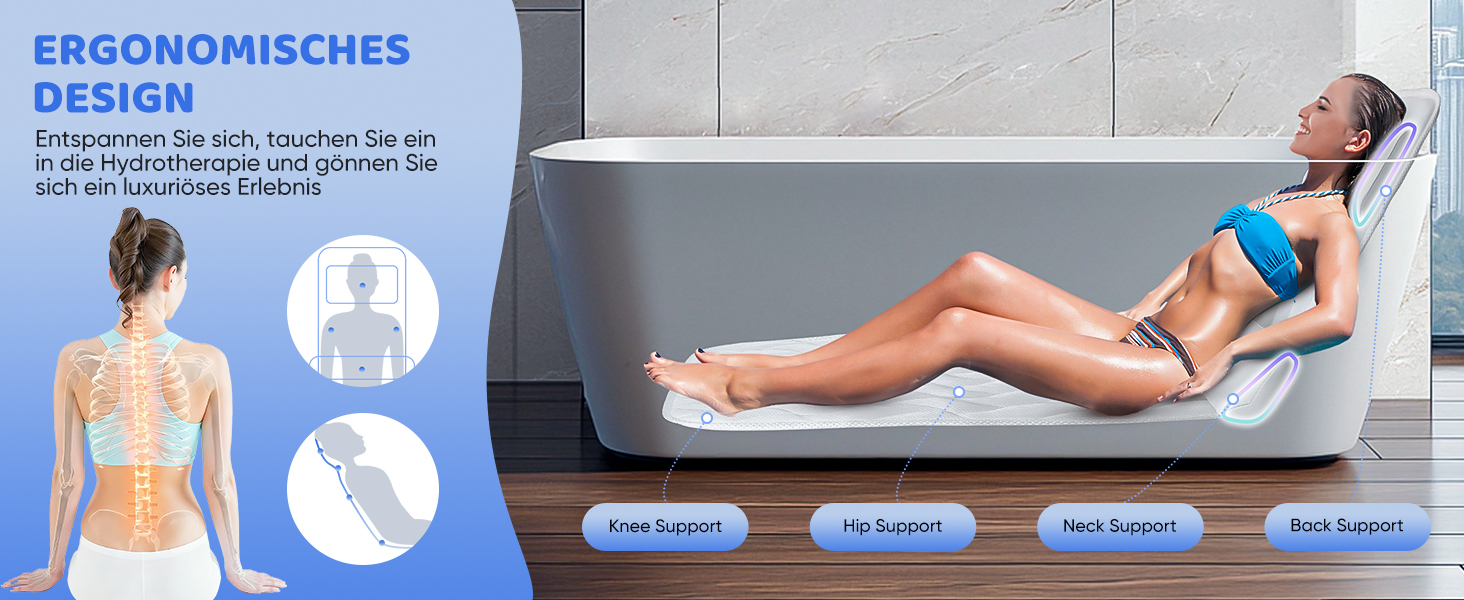 Килимок для ванни з подушкою для тіла 123x40 см, для зросту 160-180 см, швидковисихаючий, для підтримки голови, шиї та спини