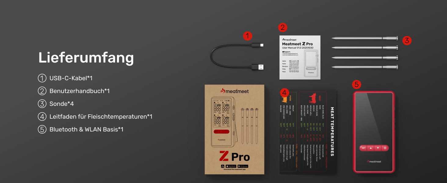 Бездротовий розумний термометр для м'яса Z Pro з Wi-Fi та Bluetooth, 4 щупи (6 сенсорів), водонепроникний IP69, термостійкий до 595°C для гриля, духовки та аерофритюрниці
