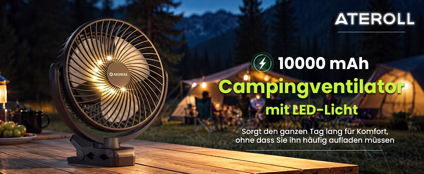 Вентилятор портативний Ateroll 10000mAh з пультом, USB, 20 см, 3 швидкості, з LED підсвіткою та таймером - для дому, офісу, кемпінгу