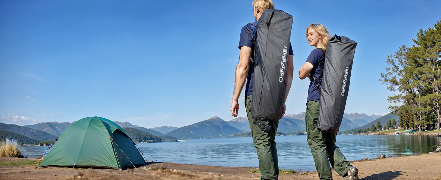 Розкладне кемпінгове ліжко OVERMONT з матрацом, 190x70x40 см, витримує до 250 кг, тканина Оксфорд, з кишенею та сумкою для перенесення, чорне