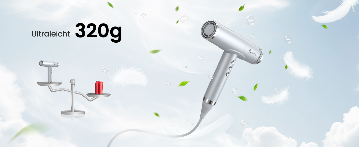 Іонний фен для волосся Slopehill з безщітковим двигуном 110 000 об/хв, біокерамічне покриття та магнітним дифузором, світло-сірий