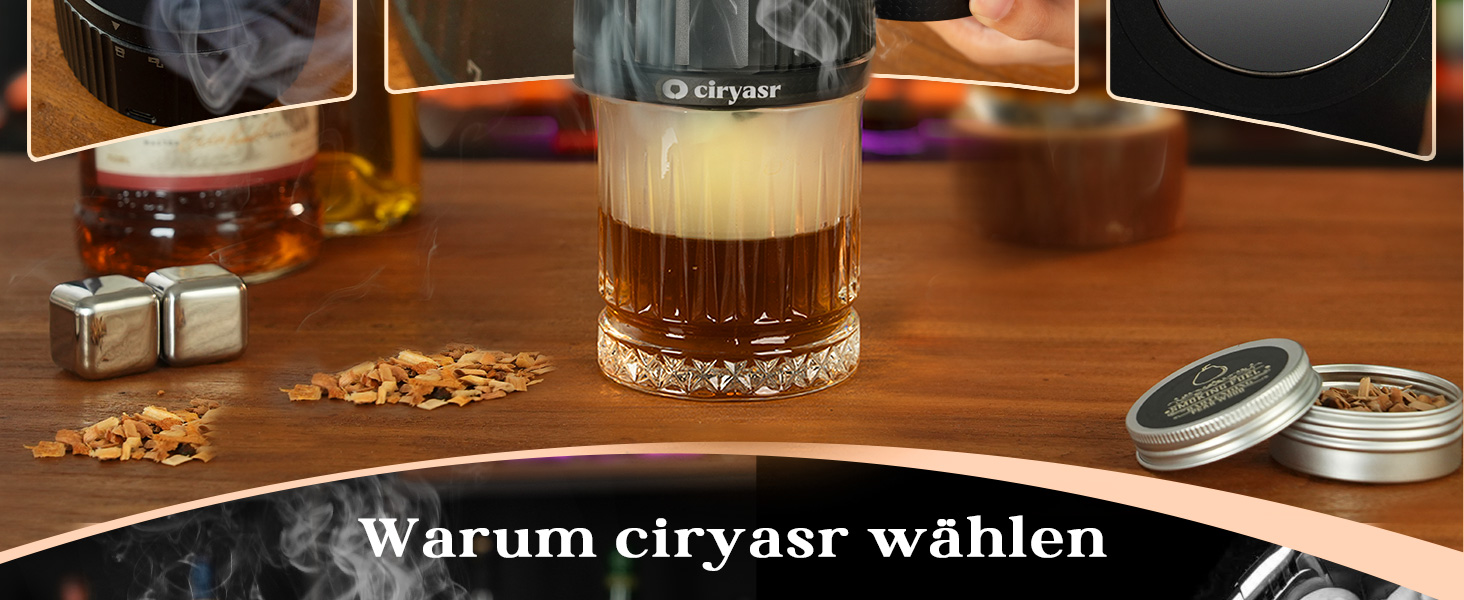 Набір для копчення віскі CIRYASR, електричний, без бутану, з 6 смаками дерев'яної стружки, 2 віскі-стоуни, RGB-підсвічування, подарунок для чоловіків, батька, чоловіка (з 2 склянками)