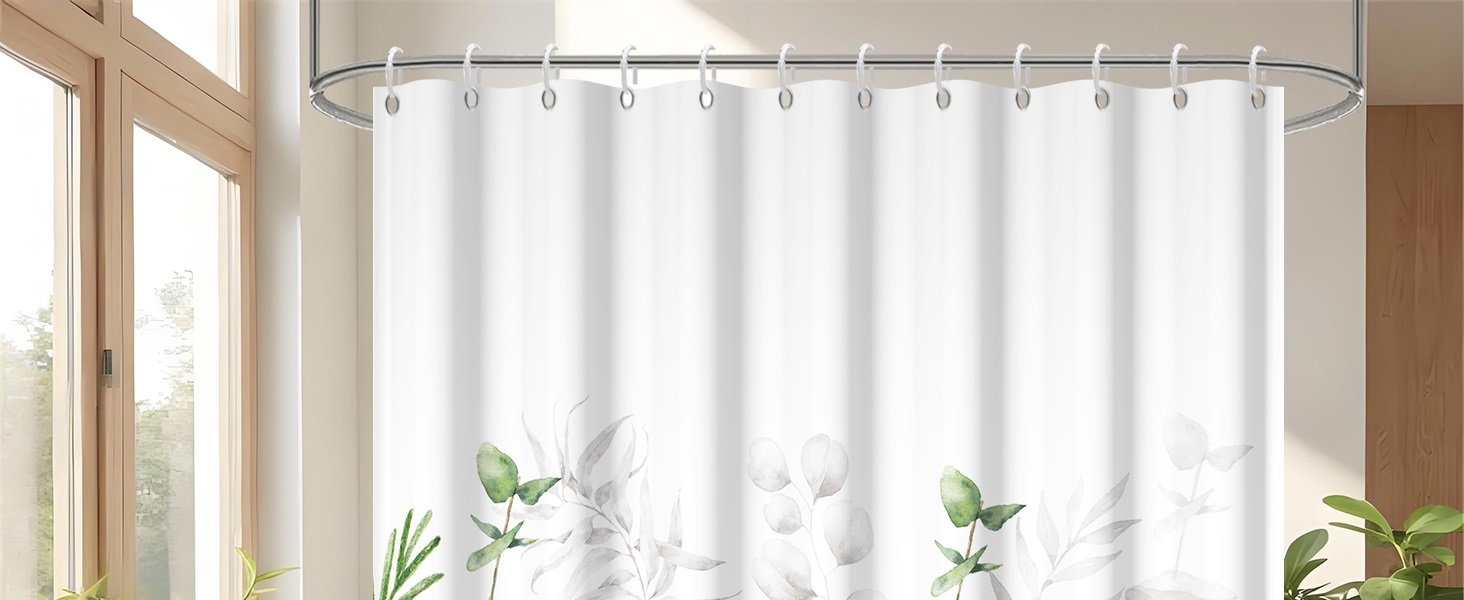 Штора для душу 180x220 см, антигрибкова, з тропічним дизайном (зелені пальмові листя, евкаліпт, гриби), водонепроникна, поліестер, для ванної кімнати, з 12 гачками