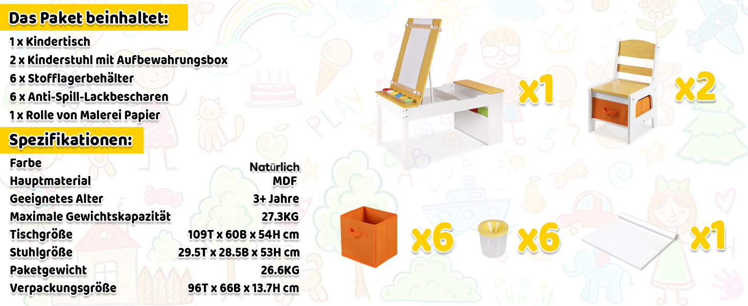 Дитячий стіл Kinder-Kunsttisch Set з 2 стільцями - дерев'яний набір для творчості для малюків з регульованою стільницею, відрами для пігментів та 8 тканинними ящиками для зберігання (Натуральний)