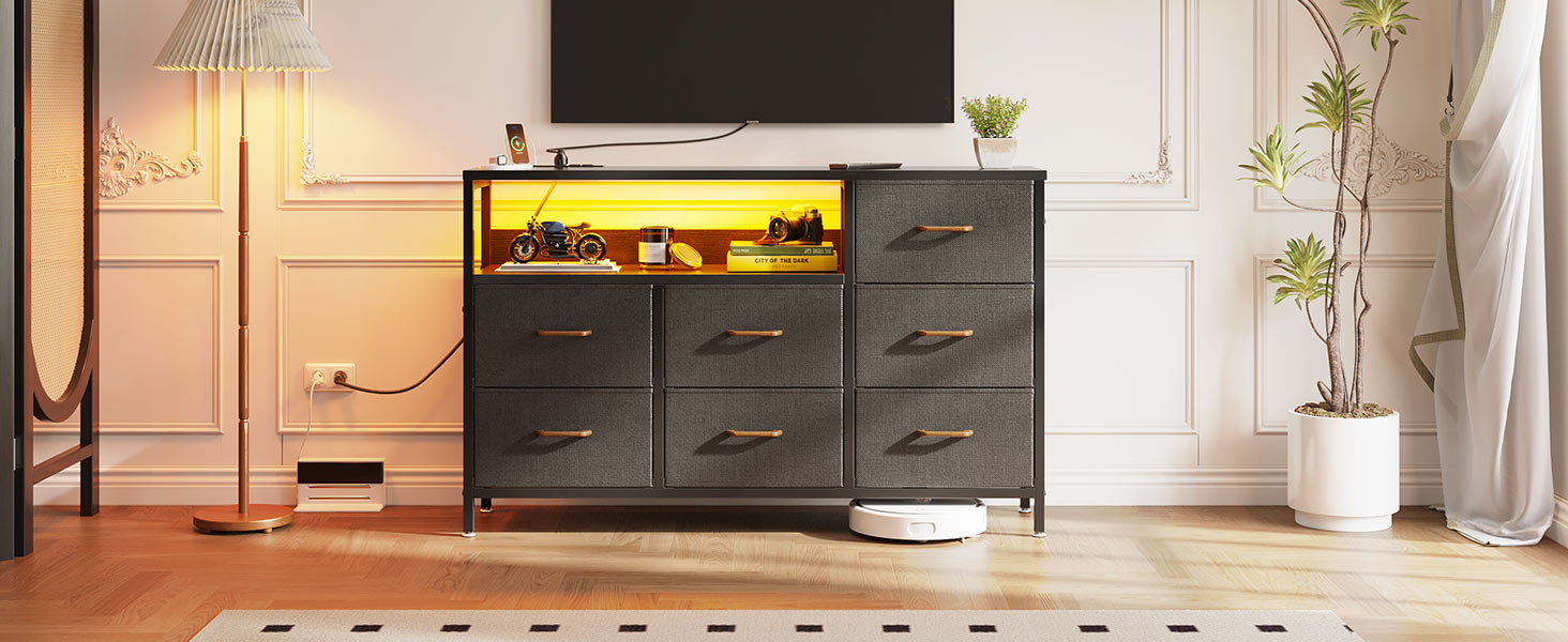 Комод Coleshome з висувними ящиками, світлодіодною підсвіткою, 2 USB та 2 розетки AC, 7 тканинних ящики, для спальні/вітальні, 132*30*89 см, чорний
