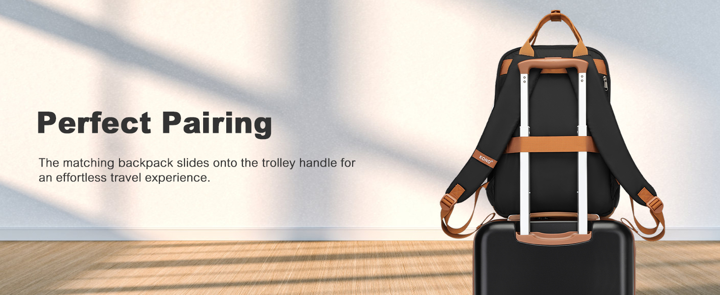Набір валіз та рюкзака KONO: валіза ручної поклажі 3в1, рюкзак, культиватор. З ABS+PC, TSA-замок, 4 колеса. Чорний/Коричневий