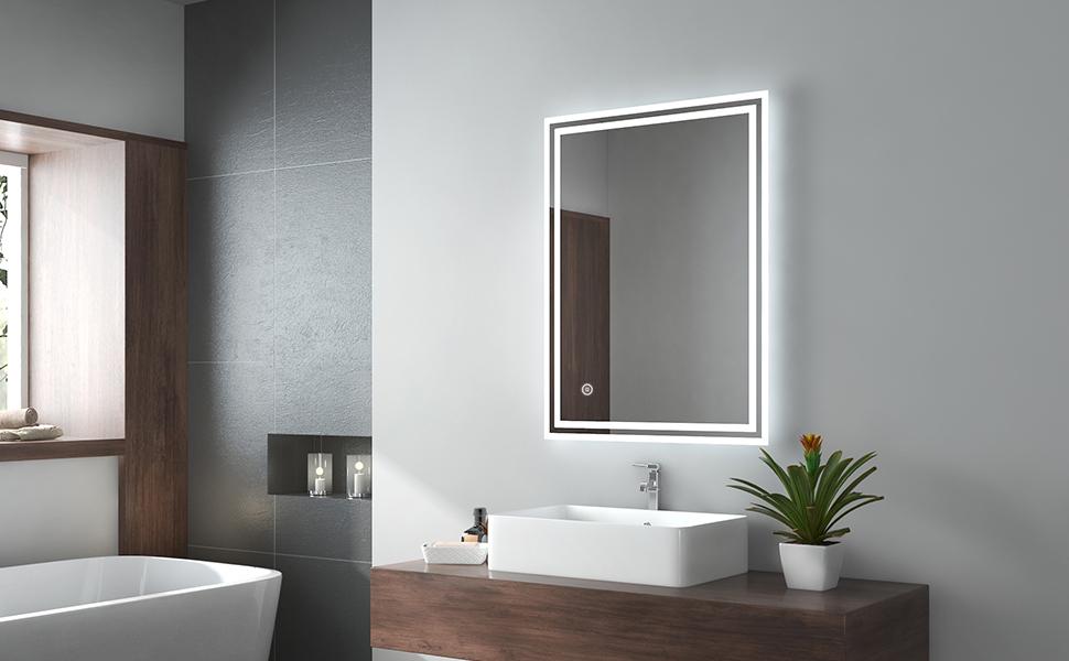 LED дзеркало для ванної кімнати EMKE 80x60 см з підсвіткою, сенсорне управління, протитуманне покриття, 3 кольори світла, IP44, енергозберігаюче