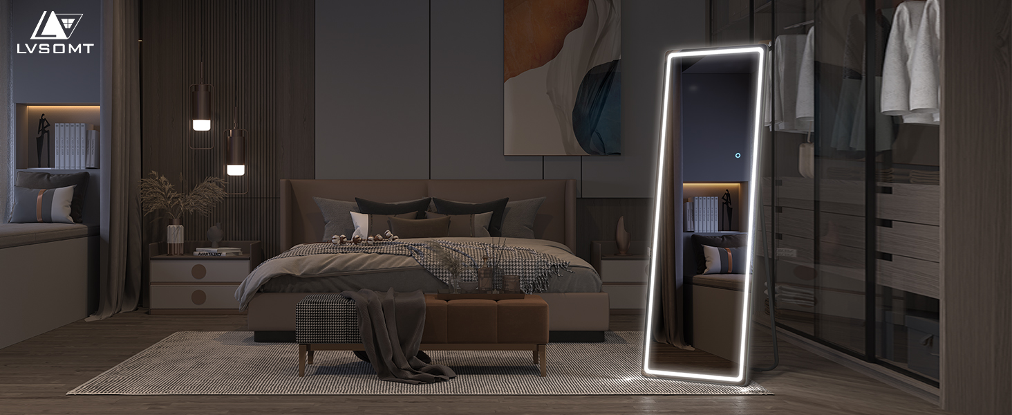 Дзеркало підлогове з LED підсвіткою LVSOMT 153x50 см, чорне, повномірне, для спальні та макіяжу
