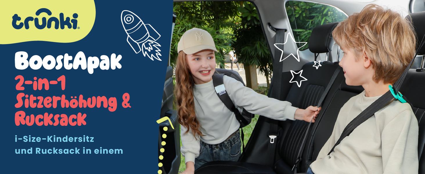 Trunki BoostApak 2-в-1: Автокрісло-бустер з рюкзаком для дітей (6+ років), i-Size, сірий (126-150 см)