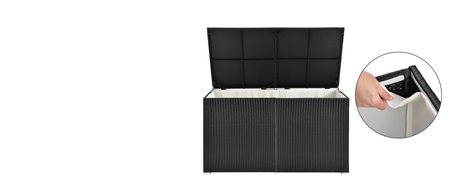 Ящик для подушок Juskys Ikaria 950л з кришкою з автопідйомом та внутрішньою підкладкою - Садова скриня 145x82x79 см чорна