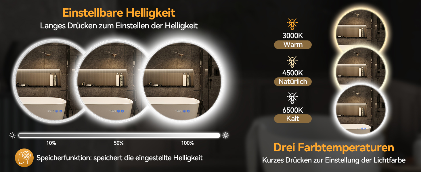 Дзеркало для ванної кімнати YOURLITE з підсвічуванням, діаметр 60 см, LED, 3 кольори, регулювання яскравості, сенсорна кнопка, антизапар, пам'ять, IP44, срібний