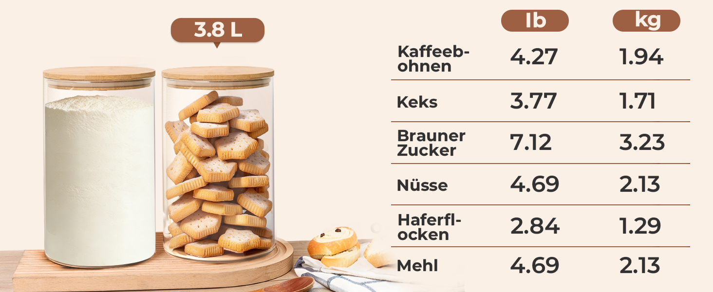 Скляні контейнери для зберігання продуктів ComSaf з герметичною дерев'яною кришкою, набір з 2 шт по 3,8 л, штабелювані банки для кухні, спецій та кави