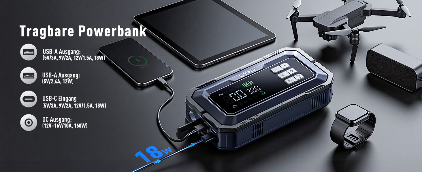 Powerbank-пусковий пристрій UTRAI 7000A з компресором та OBD-сканером. 2000 люмен LED, 160W DC, для бензинових та дизельних авто