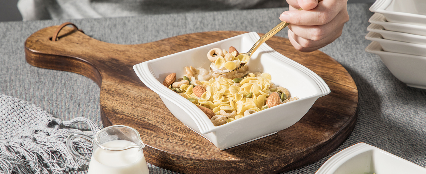 MALACASA Серія Flora – 60-елементний посуд для 12 осіб – кремово-білий порцеляновий сервіз з квадратним дизайном (тарілки, чашки, підставки) – придатний для миття в посудомийній машині та мікрохвильовій печі, білий