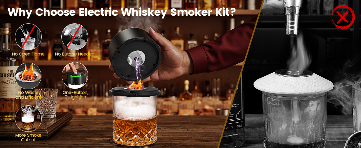 Набір для копчення коктейлів віскі: 6 смаків тирси, 2 склянки, форми для льоду, для віскі Old Fashioned, подарунок для чоловіків