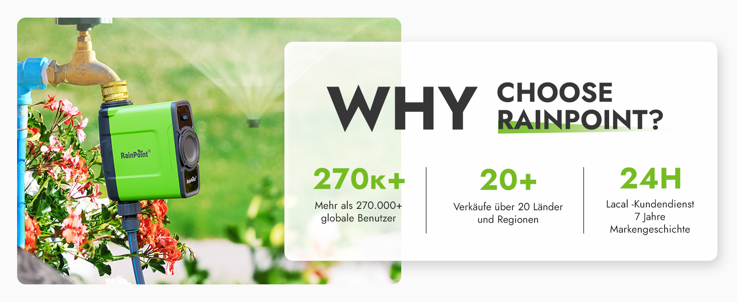Таймер для поливу RainPoint WiFi з латунними з'єднаннями, розумне керування, APP, голосове управління, автоматичний полив саду та газону, 6 програм, 1 зона (зелений)