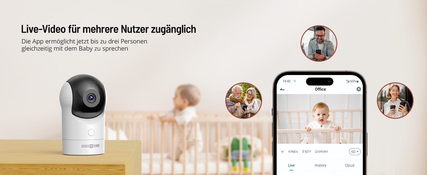 Відеоняня PARIS RHÔNE з 2 камерами, WiFi, 2K UHD, нічник, датчик руху/плачу, контроль температури та вологості, колискові