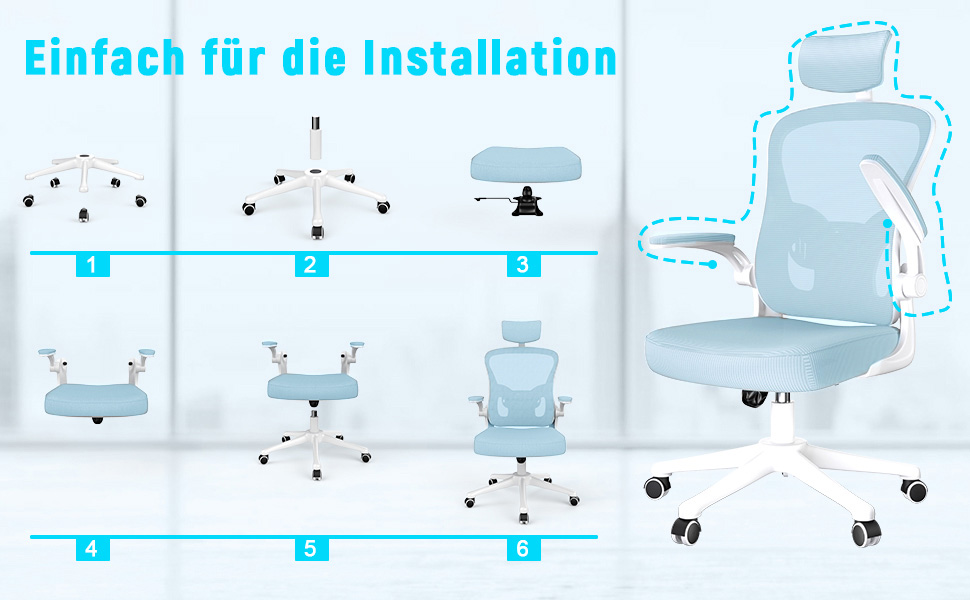 Ергономічне офісне крісло Naspiro з сітчастою спинкою, регульованими підлокітниками, підголівником, поперековою підтримкою, регулюванням висоти, поворотним механізмом 360°
