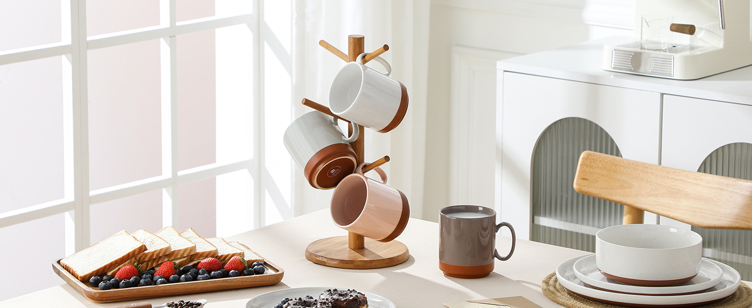 MALACASA Набір посуду з 24 предметів для 6 осіб, керамічний сервіз з реактивною глазур'ю, тепла колірна гамма. Включає: 6 тарілок для їжі, 6 тарілок для десерту, 6 супових тарілок, 6 мисок для мюслі. Колір: білий з коричневим низом (4 чашки для кави, багатоколірні).