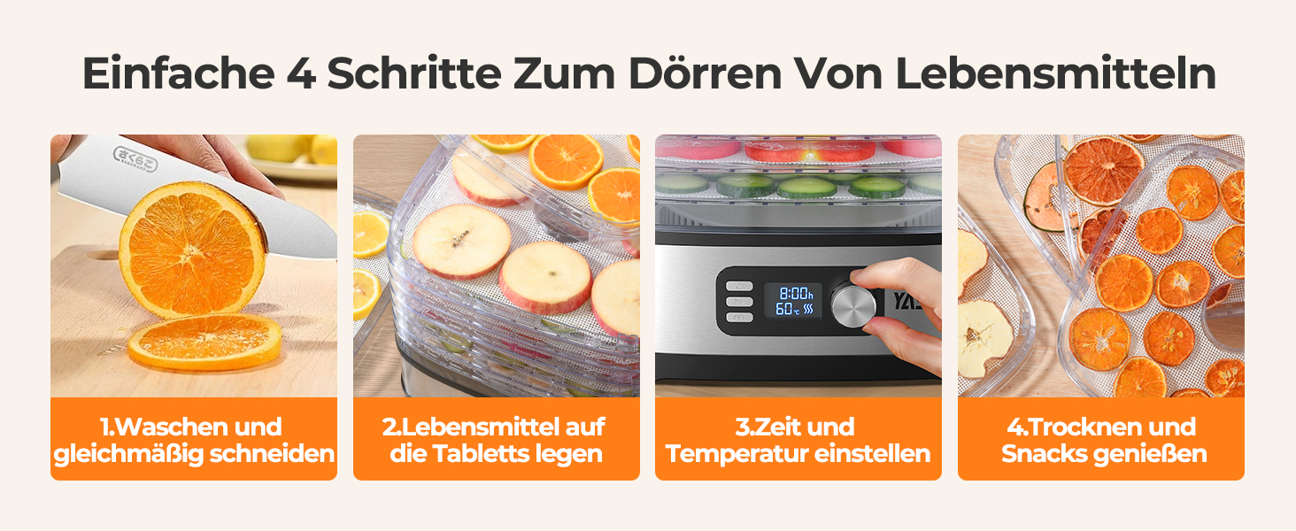 Сушарка для продуктів YASHE 8-ярусна, з регулюванням часу та температури до 72 год, з сітчастими вставками, роликом для фруктів та щипцями з нержавіючої сталі для м'яса, фруктів, овочів, трав, без BPA